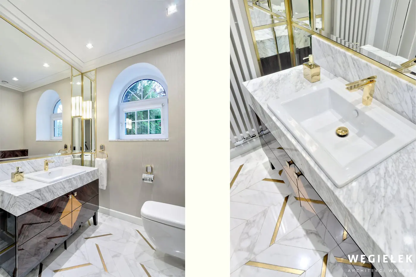 Toaleta też może być zachwycająca. Projekt architekta domów akcentuje we wnętrzu złote dodatki, które sprawiają, że jest elegancko i oryginalnie.