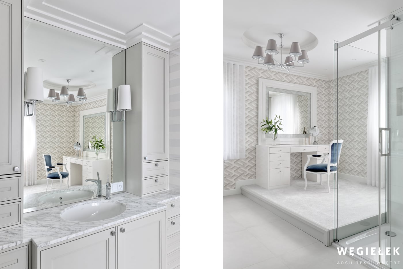 Pokój kąpielowy stworzony przez projektantów wnętrz, to wyjątkowa ozdoba domu. Jego częścią jest toaletka z lustrem, przy którym może stroić się elegantka.